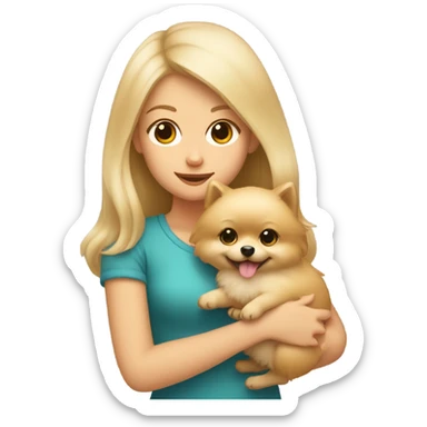 A blonde girl holds a beige pomeranian in her arms sticker