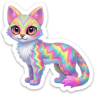 Colorful tropical tribal pale light fruity pastel white glorious iridescent divine exotic cute albino neon vibrant zigzagged cool beautiful fantasy-caracal-civet-genet-sergal-vernid-Gryphon-Cacomistle-Trico-oncilla-animal-Fakémon-hybrid-fursona (full body), facial markings,  sticker