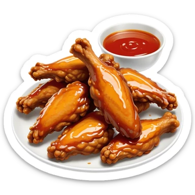 Cinematic crispy chicken wings, golden-brown and glazed with spicy sauce, crunchy coating, juicy inside, piled high with dipping sauce on the side, ultra-realistic and mouthwatering, inviting and bold. sticker