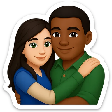 Edit the image in apple emoji style with no background. Change the man to have a darker skin tone, short hair, and brown eyes. Keep the woman with long dark hair and green eyes. Depict a young Métis man and young white woman hugging, love theme. sticker