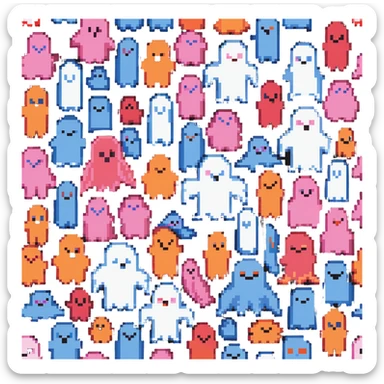 The four classic Pacman ghosts (red, pink, blue, and orange) in 8-bit pixel art style sticker