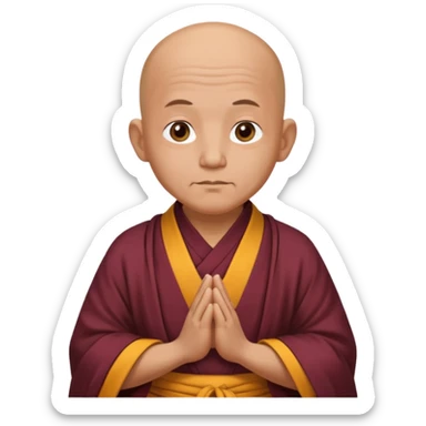 A old bald monk wearing traditional robes, calm expression, hands clasped, in a serene setting sticker