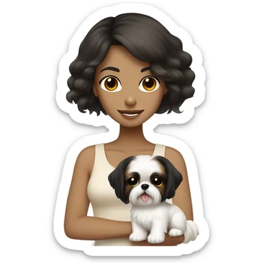 Tan girl, with black hair, holding white shih tzu with light brown spots sticker
