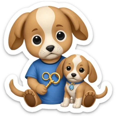 Puppy wearing a shirt with the zodiac symbol for Gemini. Puppy is chewing on a Harry Potter doll.  sticker