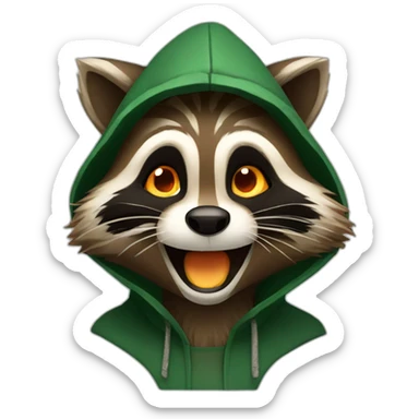 brown raccoon with orange eyes and a dark green hood that is laughing sticker