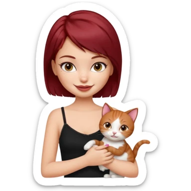 generate a pretty bratz girl with short dark red hair holding a cat smiling. Wearing a black cami sticker