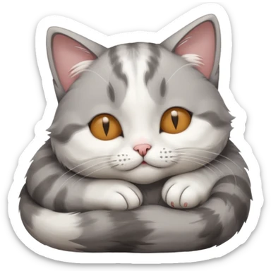grey and white small cat with its eyes closed lying down with its head resting own paw sticker