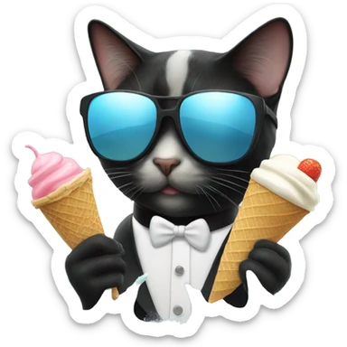 Tuxedo cat wearing sunglasses eating ice cream in the ocean sticker