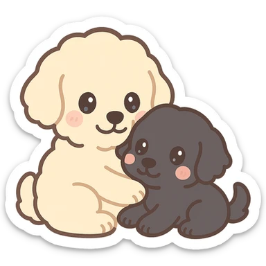 large light cream colored goldendoodle and small black golden retriever, chibi style, cuddling together sticker