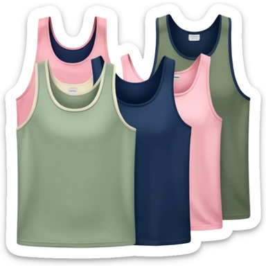 Multiple tank tops, one cream one cream one sage green one navy blue one pink sticker