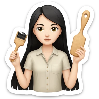 A white woman with long, straight black hair, wearing an ivory-colored shirt, holding a small square wooden paddle hairbrush in her left hand and spraying a hair mist bottle with her right hand toward her hair. sticker