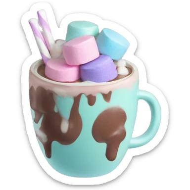 A hot chocolate with pink blue and mint  and pastel purple marshmallows  sticker