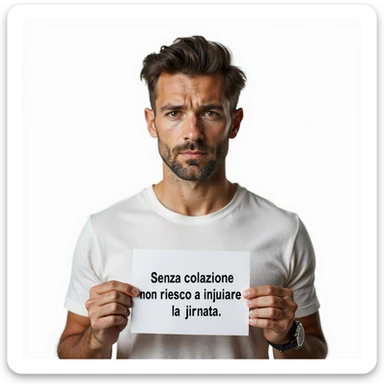 hyperrealistic 4K man on white background, isolated, saying: "Senza colazione non riesco a iniziare la giornata", convinced expression, natural pose, realistic details, text clearly visible near the face sticker