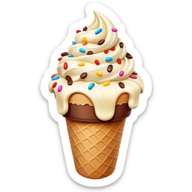 Cinematic scoop of rich, creamy ice cream, slightly melting, smooth swirls of chocolate and vanilla, colorful sprinkles on top, warm glowing background, playful and inviting. sticker
