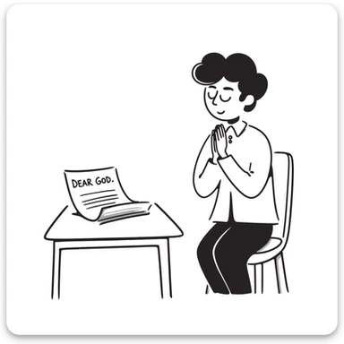 Person with prayer hands next to a paper that clearly shows "Dear God" written at the top of an essay sticker