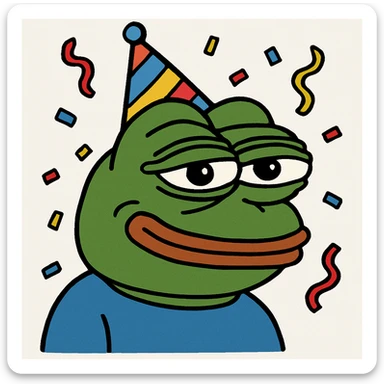 Pepe the Frog with a party hat and confetti, meme style sticker