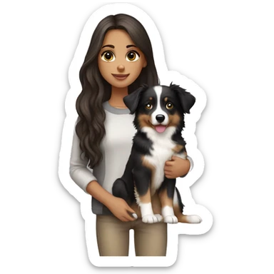 Brunette long hair light tan girl with black and white Australian shepherd puppy sticker