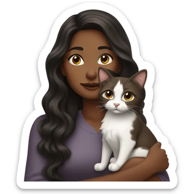 long wavy haired brown skin woman holding black and white cat sticker