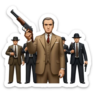 Vintage noir poster with Don Corleone surrounded by gangsters holding Thompson submachine guns. Dark and moody atmosphere with shadows, suits, and a mysterious vibe. Background features New York skyscrapers, adding to the gritty, classic gangster film feel. Transparent background. sticker