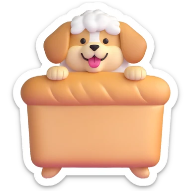 cute fluffy bread maker dog, peeking from bread loaf, cheerful, warm beige, full-body sticker