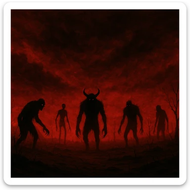 creepy banner, blood-red sky, silhouettes of monsters, barren landscape, apocalyptic horror style sticker