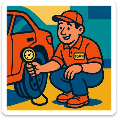 friendly automotive coach crouching near wheel, checking tire pressure with gauge, safety and conviviality atmosphere sticker