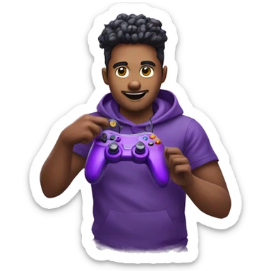 Gaming streamer with a controller in his hand and showing fun with purple color  sticker