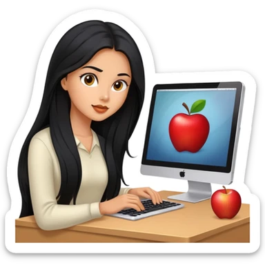 Chica linda con cabello largo negro ojos cafés piel trigueña en una computadora Apple  sticker