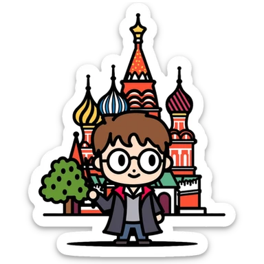 Harry Potter with glasses, lightning scar, and wand standing in front of St. Basil's Cathedral in Russia sticker