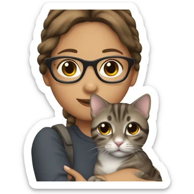 girl brown hair with glasses holding a grey tabby cat sticker