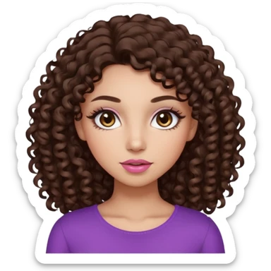 girl with curly long dark brown hair, brown eyes, light to medium complexion, long lashes, almond shaped eyes, light pink lipstick sticker