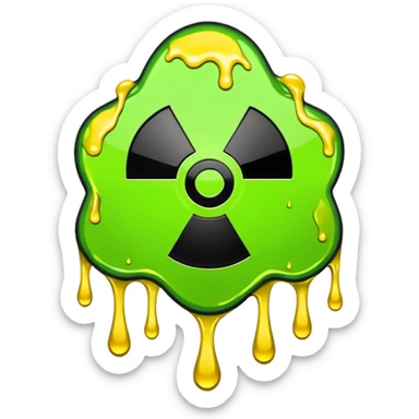 radioactive hazard symbol stylized to look like it is melting. The symbol is bright neon green and toxic yellow, with smooth dripping edges like liquid. sticker