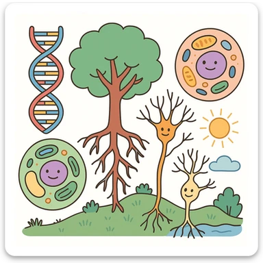 A realistic biological illustration (like in a school book) showing: DNA strands transitioning into a tree, cells with visible organelles, neurons connected to plant roots  and a balanced ecosystem background . Seamless integration, no labels or borders, complete white background (not off white!), detailed but minimalist.  sticker