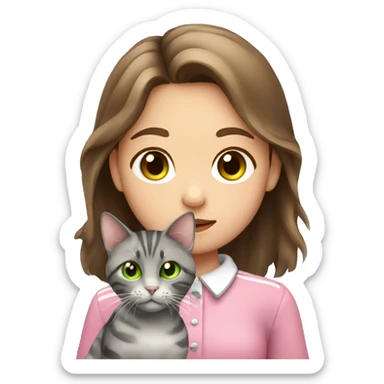 Girl with green eyes and brown hair holding her grey stripy cat that is wearing a pink collar sticker