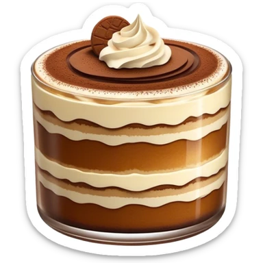 Cinematic Realistic Tiramisu Dessert Emoji, featuring layers of coffee‚Äêsoaked ladyfingers and mascarpone cream dusted with cocoa rendered with delicate textures and warm, inviting lighting. sticker