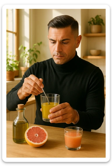 A realistic, warm-toned photo-style image of a man in his kitchen preparing a liver and gallbladder flush. On the counter, there is a small glass bottle of high-quality extra virgin olive oil with a rich green hue, and a freshly cut pink grapefruit with a small glass of its juice next to it. The man, in his mid-30s, looks focused and slightly apprehensive as he mixes the olive oil and grapefruit juice in a clear glass, preparing to drink it as part of a natural gallbladder cleanse. The background is clean, bright, and minimalist with wooden countertops, green plants, and sunlight coming through the window, giving a sense of natural health practices. The mood conveys a realistic moment of alternative health care, illustrating the preparation and intention for a natural flush to address gallstones, while maintaining a calm, educational, and hopeful tone in italiano sticker