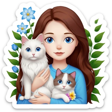 A woman with long dark auburn hair holding three white ragdoll cats in the flowers sticker