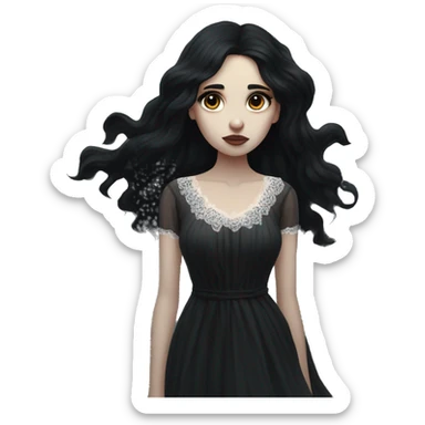 Dramatic girl  very pale with dark lighting  with black hair  in river with very very long lace dress  black long hair flying in the wind sad face  white eyes sticker