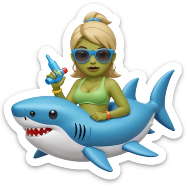orc female sitting in an inflatable floatie shaped like a shark, wearing oversized sunglasses and a whistle on a neck cord, 2d sticker