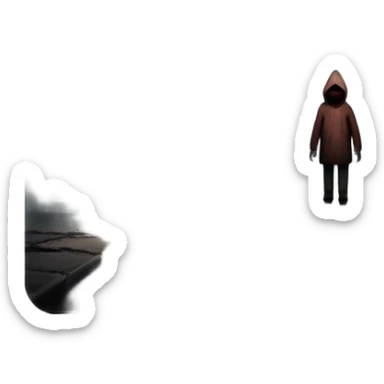 An icon representing a horror game, inspired by Silent Hill 2. The design features a foggy, eerie street with a shadowy figure in the distance. Creepy, dim lighting and dark, abandoned buildings set the tense atmosphere. Transparent background enhances the unsettling mood. sticker