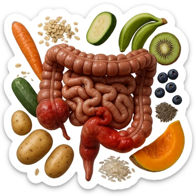 intestino umano anatomico infiammato con carota, fiocchi di avena, zucchine, kiwi, mirtilli, semi di chia, patate, banane acerbe, zucca, riso che gli fluttuano dietro, iperrealistico 4k sticker