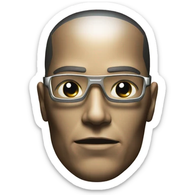 Male cyborg head with metallic plated face, brown flat top, glasses and circuits sticker