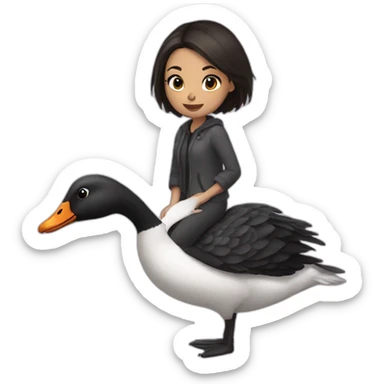 a girl with dark and short hair flies on a goose sticker