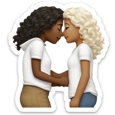 2 lesbians kissing, one white with brown hair one black white brown curly hair sticker