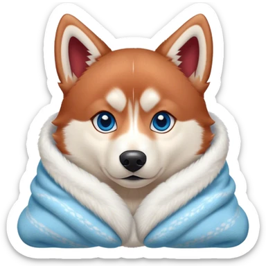 cute, disney-style, red siberian husky with blue eyes cozy in a blanket sticker