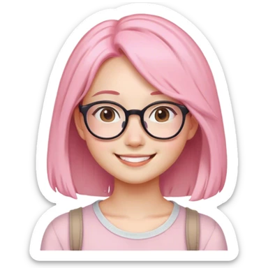 women with long shoulder hair, the color is soft pink, white skin, use glasses, have a dimple and asian smile, cute, the age is 20 years old. sticker
