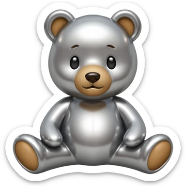 A cute teddy bear emoji made of liquid silver chrome, smooth rounded body, glossy metallic surface, soft reflections, friendly proportions, iOS emoji style, centered, clean white background sticker