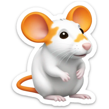 an orange rat with a white mark on its fur. the white mark should be in the shape of a flame, but there's no flame involved in the photo itself, just the shape of the fur sticker