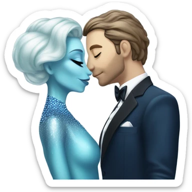 reptilian alien woman, in long slim pastel blue formal party satin dress with gradient shiny sparkling navy blue diamonds embroidered , and caucasian man in black dress kissing sticker