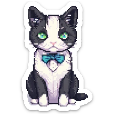 a black and white tuxedo cat, pixel art style sticker